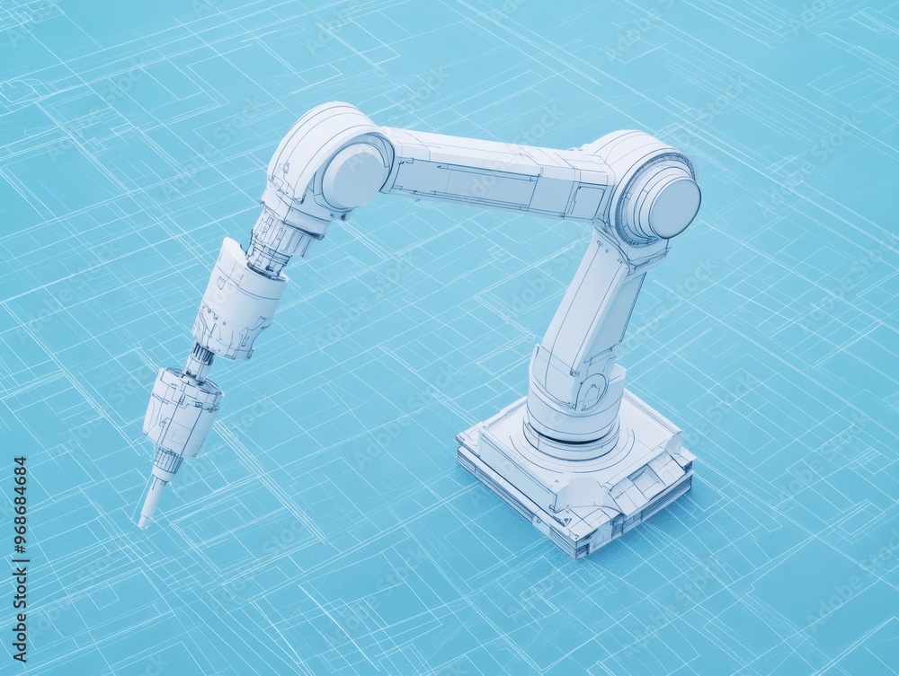 Poster a futuristic robotic arm design on a blue technical background, symbolizing automation and advanced 