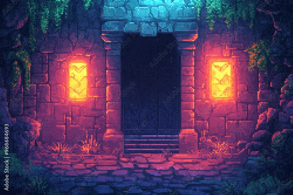 Poster mystical 8-bit dungeon delve: pixelated rpg dark exploration with traps and eerie symbols