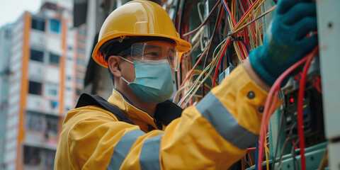 Electrician engineer adorned in safety gear is checks wire connections and continuity in an industrial electrical panel.
