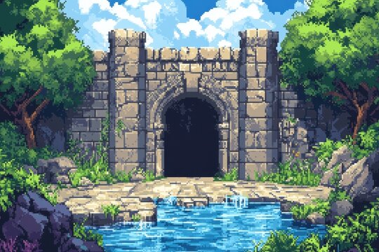 Fototapeta Retro Pixel Dungeon Adventure with Crumbling Bridges and Water Pits - 16-bit RPG Scene