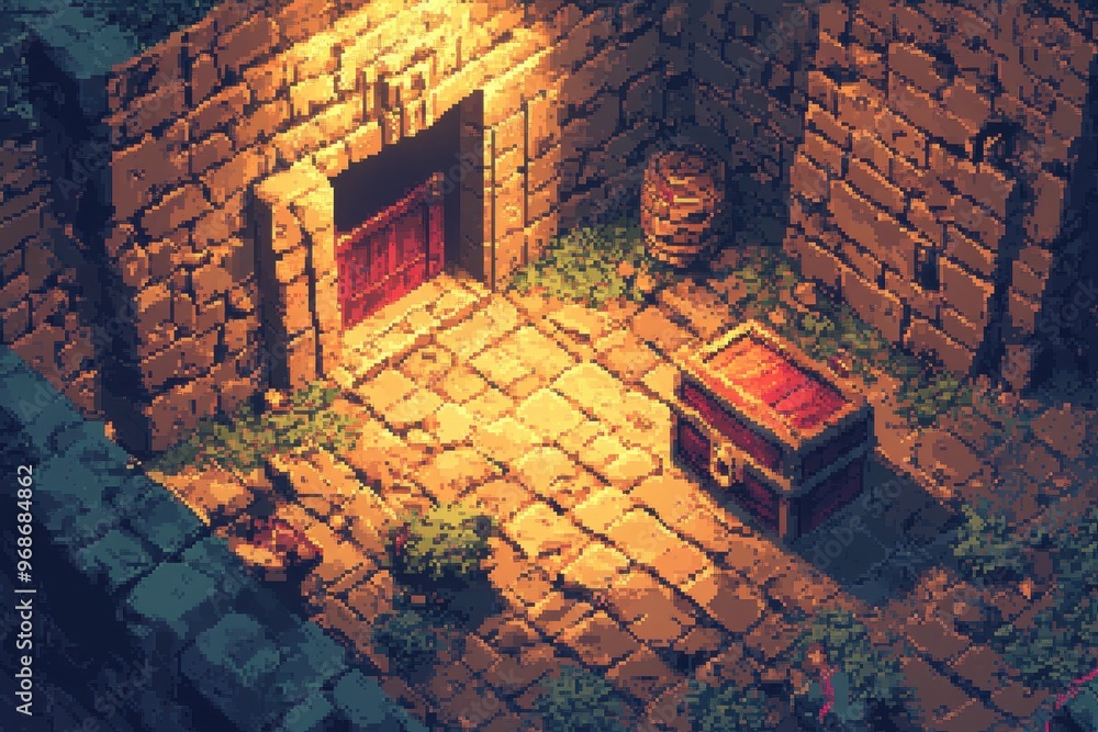 Poster retro 16-bit dungeon adventure: uncovering hidden treasure chests in pixelated rpg loot discovery