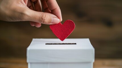 close up of a hand put a red heart made of card paper into a white donation box