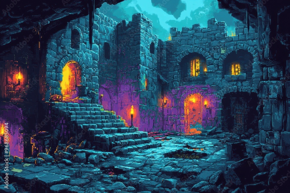 Poster retro 8-bit pixel dungeon: eerie exploration in a crumbling fortress with flickering torches