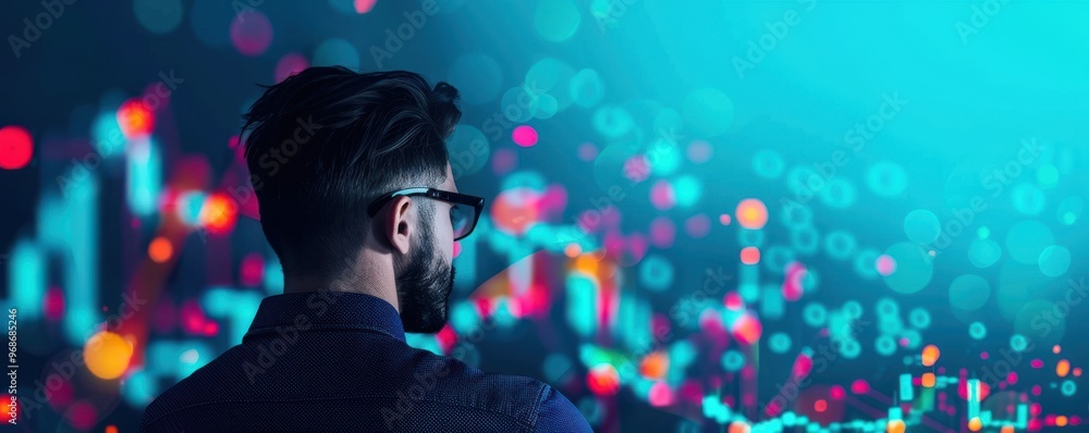 Poster a man observes vibrant digital data visualizations, representing modern technology and insights in a