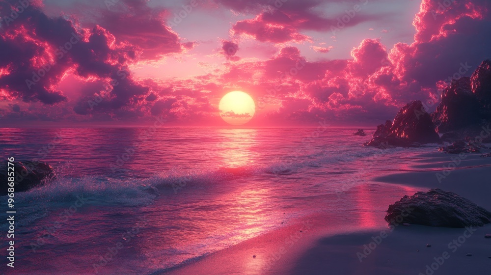 Wall mural pink sunset over the ocean