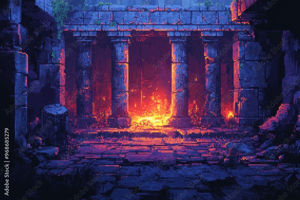Aufkleber retro pixelated dungeon adventure with lava pits and old pillars - classic rpg exploration scene in 