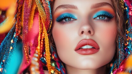 Obraz premium Captivating Beauty Portrait with Dramatic Makeup and Vibrant Textures