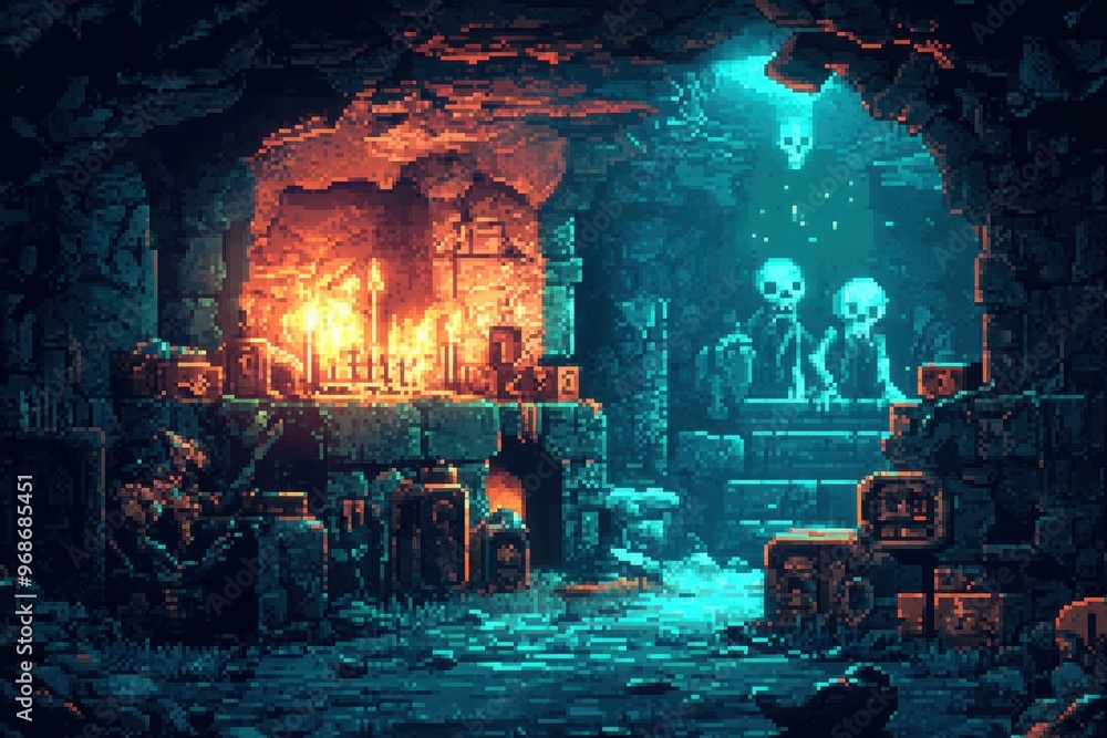 Poster retro 8-bit pixel dungeon adventure with skeletons and treasure chests, vintage rpg game scene with 