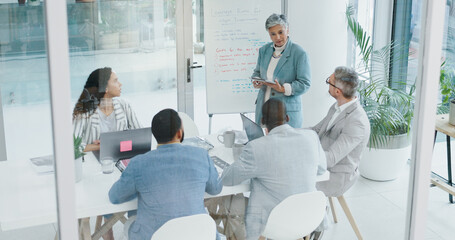 Boardroom, tablet and businesswoman with whiteboard for presentation, investment update and future...