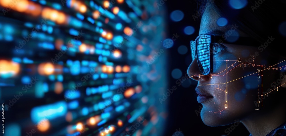Poster a person analyzes digital data on a screen, showcasing technology and futuristic concepts with vibra