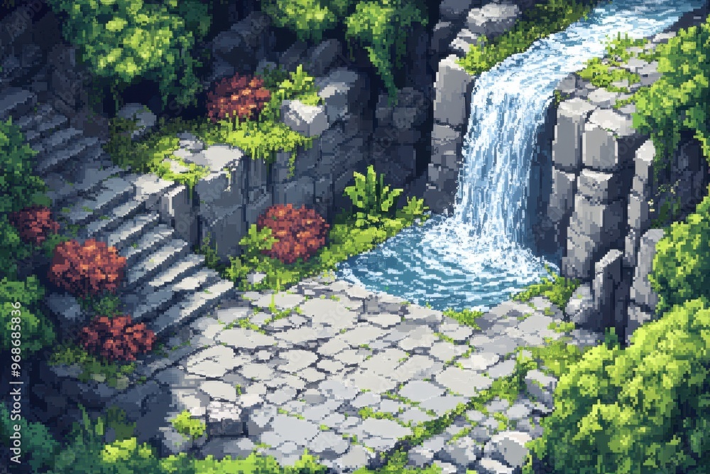 Aufkleber retro pixel dungeon adventure: 16-bit realm with waterfalls and secrets