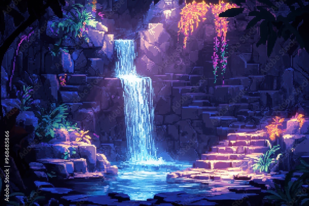 Poster retro pixel dungeon: 16-bit adventure with waterfalls and hidden paths for rpg backgrounds
