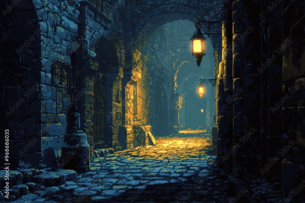 Poster retro 8-bit pixel dungeon adventure with monsters and rpg battle scene