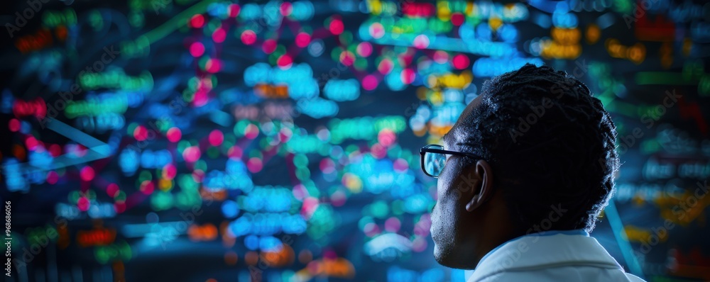 Poster a professional analyzes dynamic data visualizations, showcasing technology and insight in a vibrant 