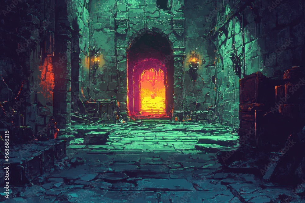Poster retro 8-bit pixel dungeon adventure with spiked floors and treasure chests - classic rpg challenge s