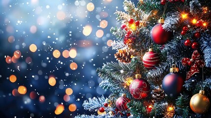 Beautifully decorated Christmas tree, glittering baubles, blurred shimmering lights, cozy holiday ambiance, stunning stock image