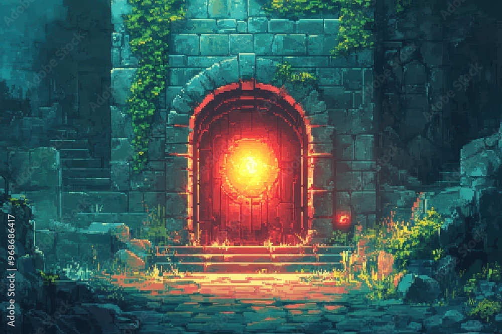 Aufkleber pixelated 8-bit dungeon: retro rpg boss fight in a glowing magic portal setting