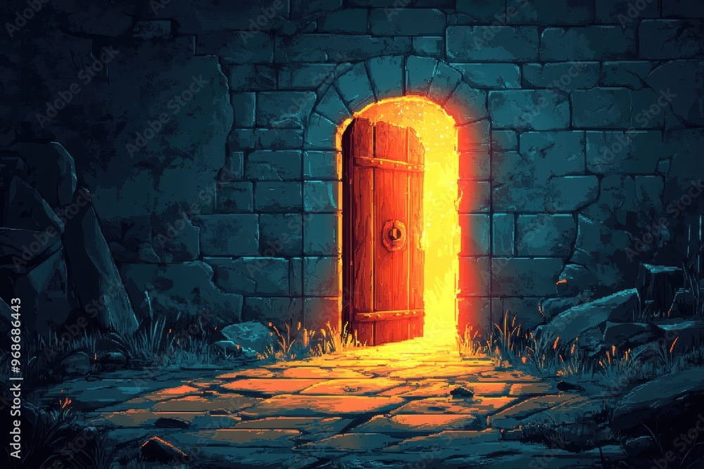 Poster glowing magic portal in pixelated 8-bit dungeon - retro rpg boss fight scene with nostalgic aestheti