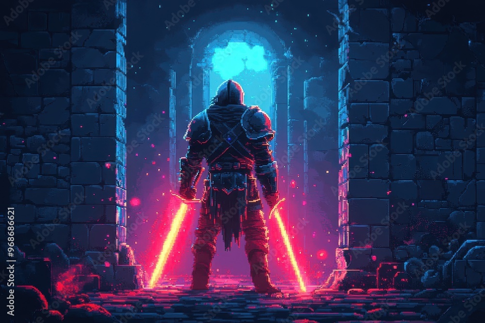 Poster retro pixelated warrior wielding glowing sword in dungeon - 16-bit rpg adventure scene
