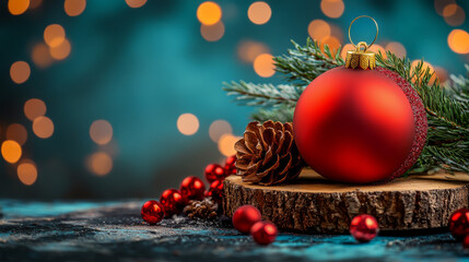 A vibrant red ornament rests on a wooden slice surrounded by pinecones and red berries, with soft holiday lights creating a warm, cheerful atmosphere.