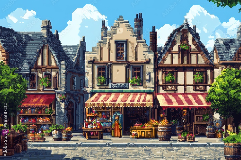 Poster retro rpg market scene in pixelated 16-bit town square with npcs trading items
