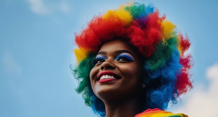 portrait of african american woman with colorful makeup, laughing  against the backdrop of cloudy sky, embodying joy during pride month 