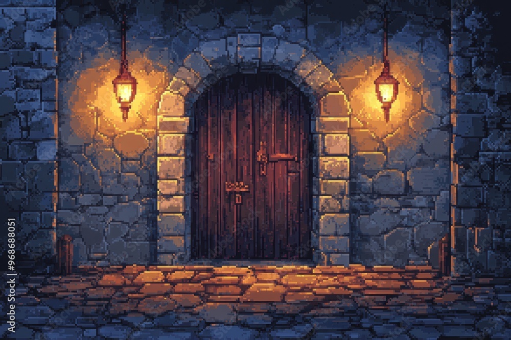 Poster retro pixel dungeon delve: 16-bit rpg exploration adventure with trap doors and hidden passages
