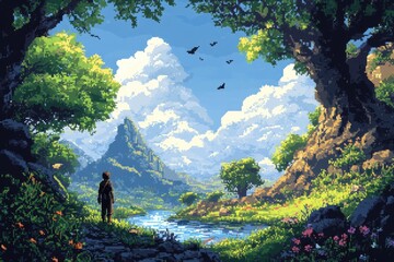Enchanting 16-Bit Pixel Forest Adventure with RPG Character Exploring Serene Landscape and Birds Flying in Background