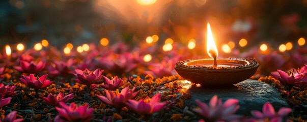 Diwali traditions with homes illuminated by diyas, spiritual celebration, Hindu Festival of Lights, warm festive ambiance, evergreen holiday stock photo