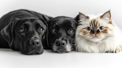 Photorealistic image of a Labrador Retriever with a shiny black coat lying next to a fluffy Persian cat with long white fur on a spotless white background