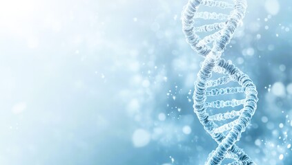 A bright particulate 3D rendered DNA on a blue bokeh background.