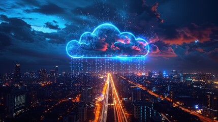 Fototapeta premium A glowing blue cloud icon appears over a night cityscape with glowing lights and streams of data.