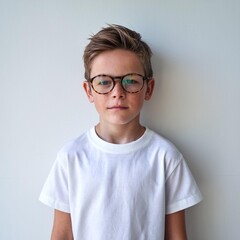 Fototapeta premium White t-shirt mockup A handsome boy standing wearing a white blank t-shirt background white color