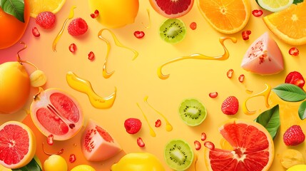 Sweet ripe fruits and berries on color background