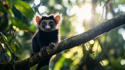 A small, curious monkey perched on a branch in a sunlit forest.