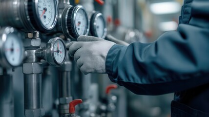 A technician adjusting pressure gauges in an industrial setting, showcasing precision and attention to detail in maintenance.