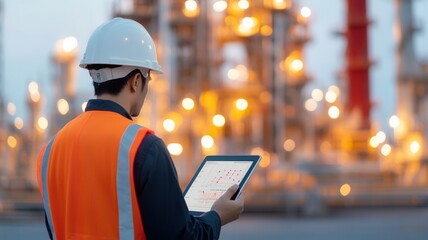 A worker in a hard hat and vest uses a tablet to monitor operations at a refinery during dusk. Safety and technology in industry.