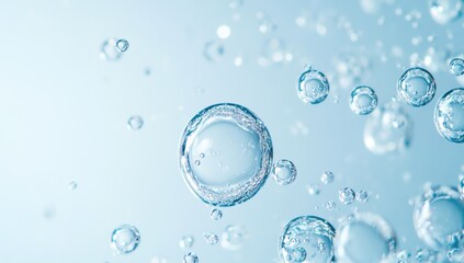 Effervescent fizz and clean cosmetics hygiene or rejuvenate renewable energy. Studio shot of transparent cosmetic blue gas bubbles under water in full-frame macro close up with selective focus blur.