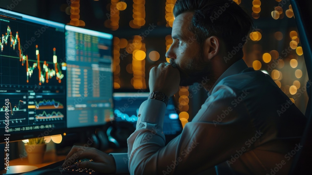 Poster A man is sitting in front of two computer monitors