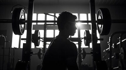 Silhouette of a person lifting weights in a gym setting with industrial equipment