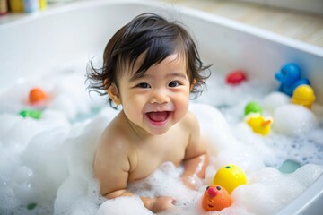 A baby Asian boy playing in a bathtub with her rubber duck and a sponge