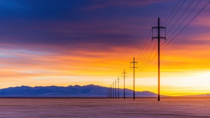 Obraz premium A stunning sunset landscape with power lines stretching across the horizon, showcasing vibrant colors and distant mountains.