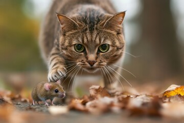 Fototapeta premium A cat pouncing on a mouse, claws extended in a clear display of hunting behavior.