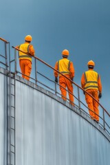 Three construction workers in safety gear observe the site from a height, highlighting teamwork and safety in industrial settings.