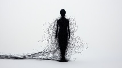 A surreal black silhouette emerging from tangled lines, symbolizing complexity and human emotion in minimalist style.