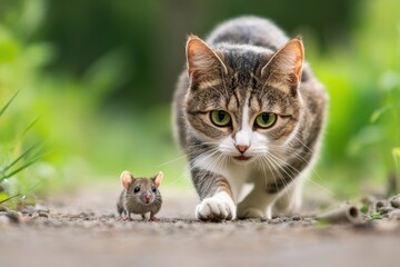 Fototapeta premium A cat pouncing on a mouse, claws extended in a clear display of hunting behavior.