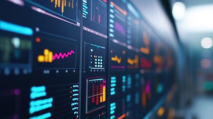 Vibrant digital dashboard showcasing data visualizations, graphs, and metrics in a modern technological environment.