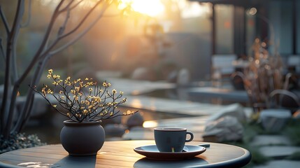 White teacup on saucer with steaming hot coffee, surrounded by flowers on a wooden table in a cozy cafe