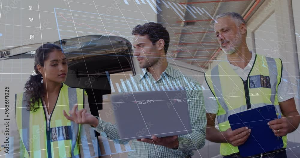 Poster animation of data processing and diagrams over diverse colleagues using tablet at warehouse