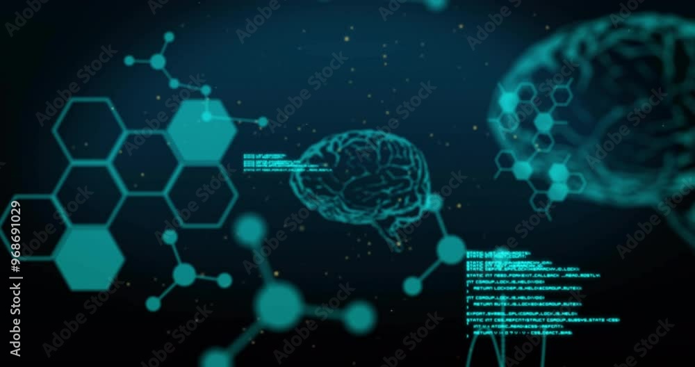 Poster animation of data processing over chemical formula and brains